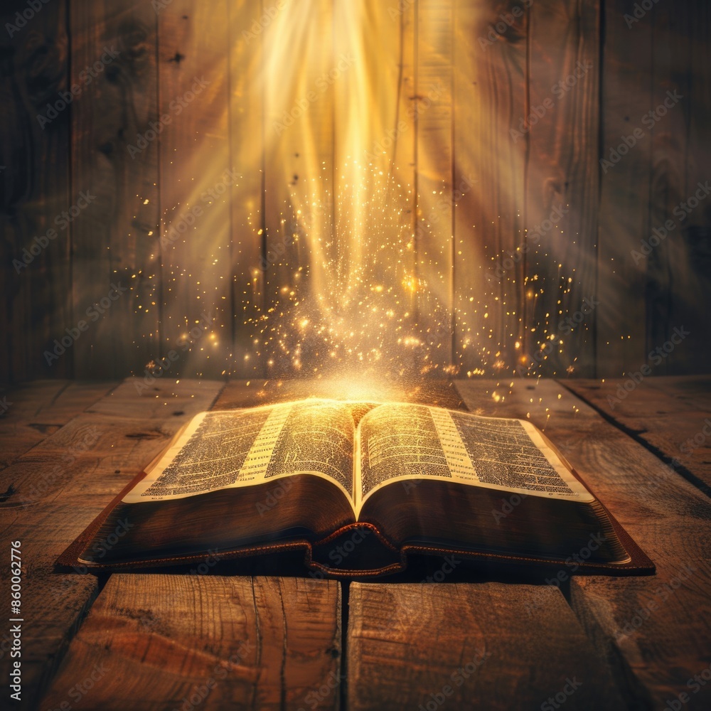 Poster an open book illuminated by a beam of light on a wooden table