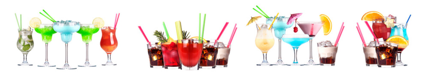 Different alcohol cocktails like beer, martini, soda, champagne, whiskey