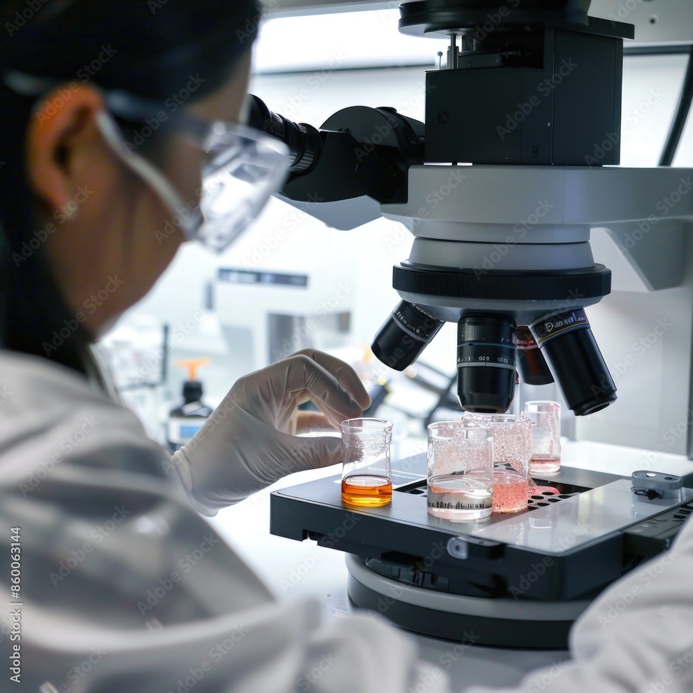 Poster a woman in a lab coat examines a microscopic specimen under a microscope