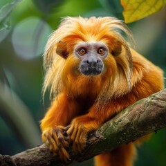 A small monkey is perched on the top of a tree branch, looking out at the surroundings