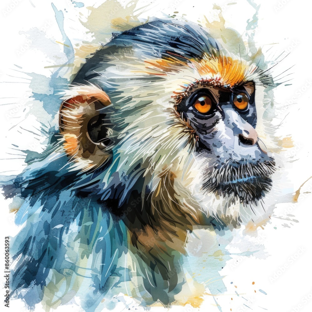 Poster A close-up view of a monkey's face on a white background, ideal for use in animal-themed designs and projects