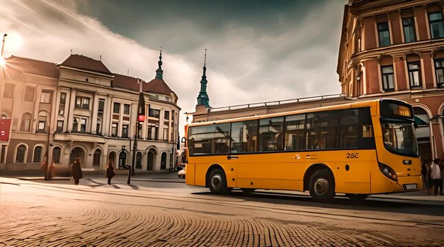 Widok na centrum Łodzi i przejeżdżający autobus