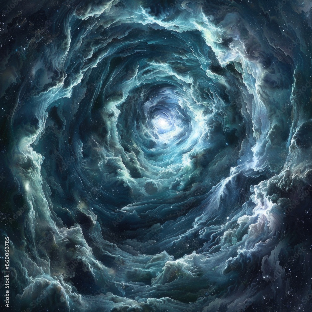 Poster aerial view of a spiral shape in the sky, possibly a natural phenomenon or man-made structure