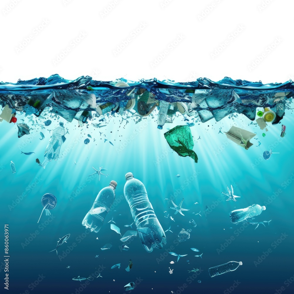 Poster a collection of plastic bottles floating on the surface of the ocean