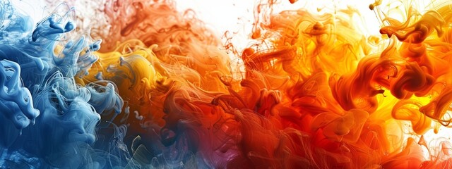 Obraz premium A colorful explosion of paint with blue, red, and yellow splatters. The colors are vibrant and chaotic, creating a sense of energy and movement