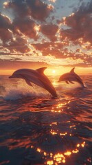 Playful dolphins leaping out of the ocean against a stunning sunset natural world photo realistic wide angle