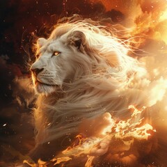 Naklejka premium A majestic white lion surrounded by a thick cloud of flames