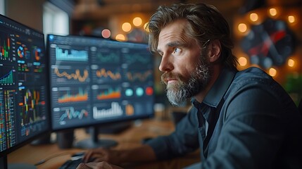 Obraz premium Close-up of a professional working in an office, reviewing detailed trading insights on a sleek computer screen, vibrant charts and graphs, realistic financial data, modern design, high-resolution dis