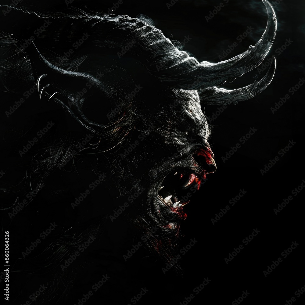 Poster A mysterious figure with a horned face and horns in a dark setting, perfect for use in fantasy or horror scenes