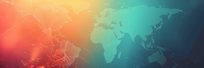 Minimalistic world map illustration for travel agencies, showing continents clearly against orange and blue gradient background. Generative AI