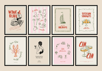 Minimal hand drawn vector dolce vita illustration set with aesthetic quote in a poster frame. Matisse style illustrations.	