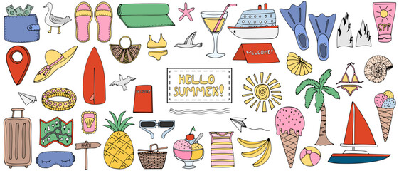 Summer elements colored doodle set. Vacation equipment,summer food, drinks,clothes. Summertime adventures,beach rest, fun and hobbies. Colorful hand drawn vector doodles. Isolated on white background.