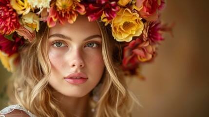 Naklejka premium Elegant Bride Wears Floral Wreath at Stylish Wedding