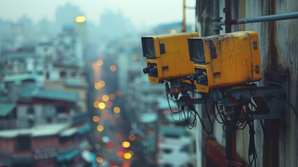 Fototapeta premium Noise Pollution Monitoring: Equipment measuring noise levels in an urban environment, highlighting efforts in noise pollution control and management.