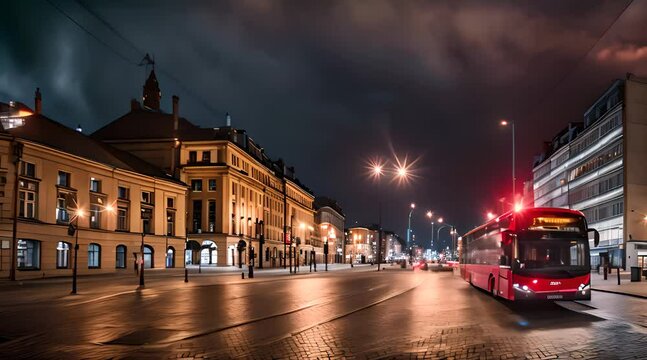 Widok na centrum Łodzi i przejeżdżający autobus
