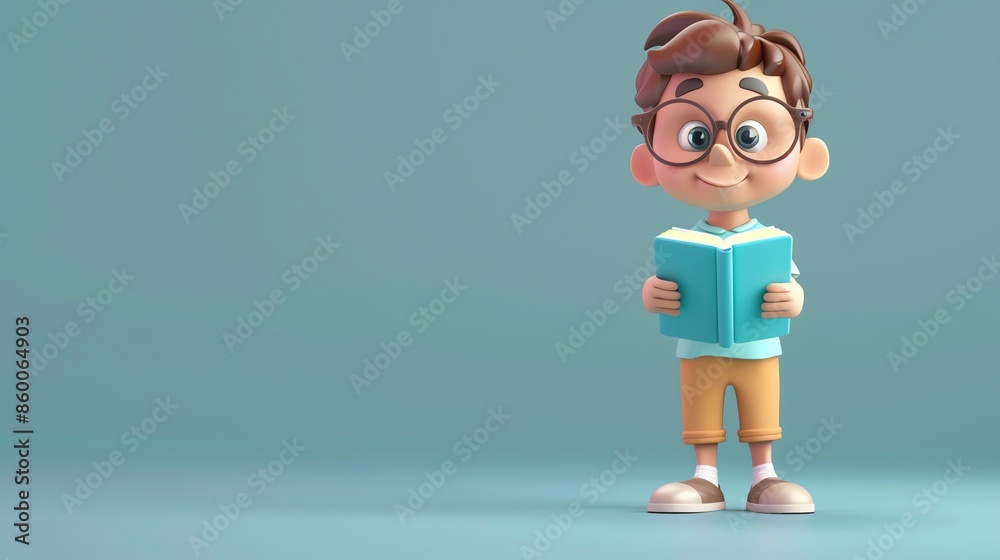 Wall mural A 3D cartoon boy with brown hair and glasses, reading a book.