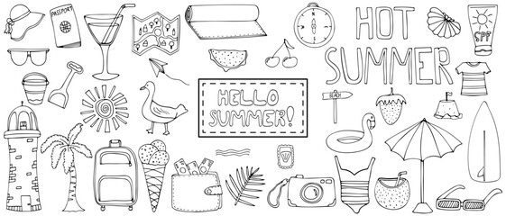 Summer elements doodle set. Vacation stuff, summer food, drinks, travel and phrases. Summertime adventures, rest, fun and hobbies. Black lines hand drawn vector doodles. Isolated on white background.