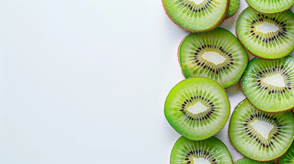 Close up green tropical summer Kiwi fruit slices simple empty white banner background copy space healthy juicy refreshing fruity edge juicy ripe lux diet food ingredients raw organic flatlay macro POD