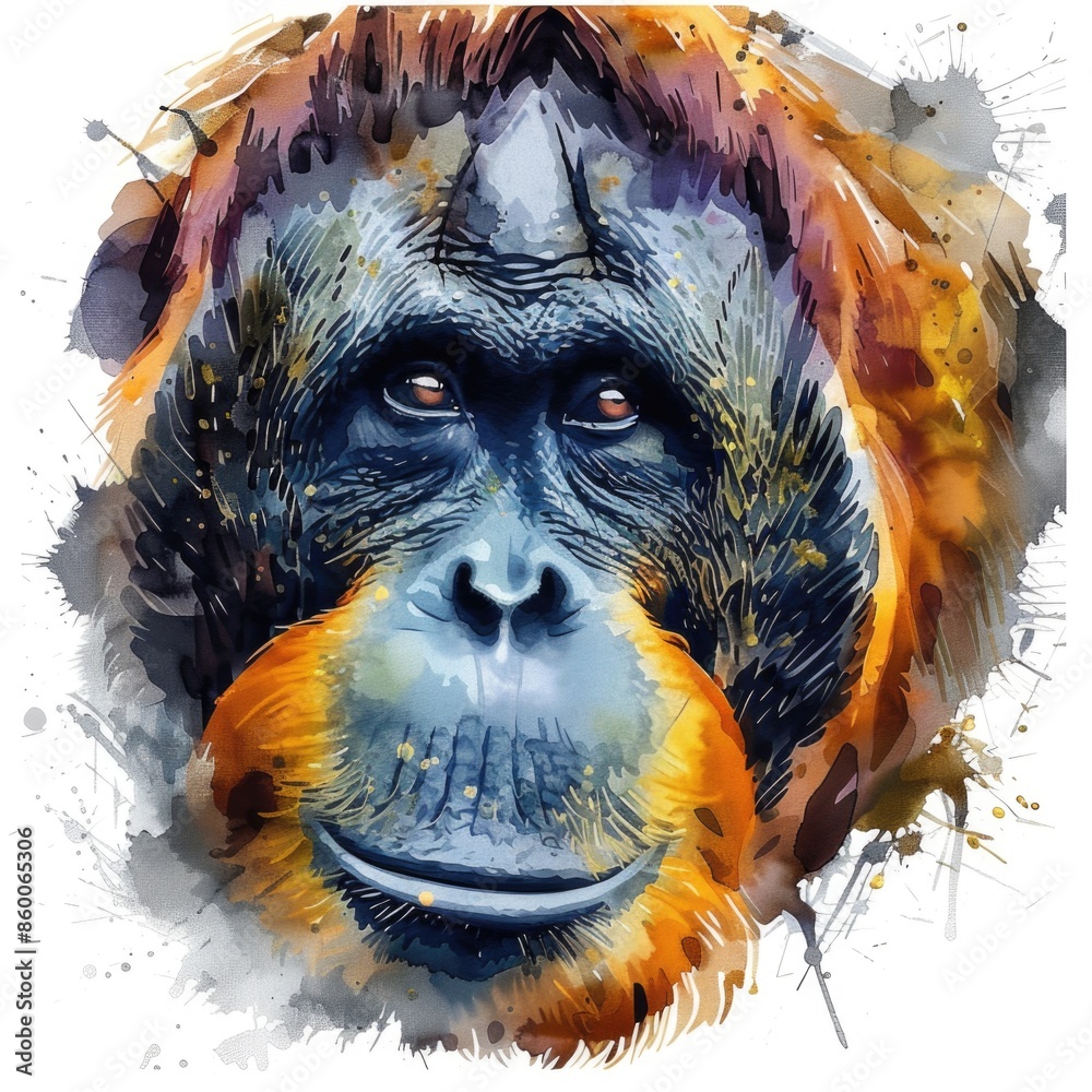 Poster a close-up shot of a monkey's face on a white background, ideal for use in illustrations or designs 