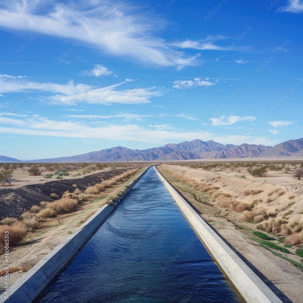 Poster aerial view of a long canal running through the middle of a desert landscape, with sand dunes and ca