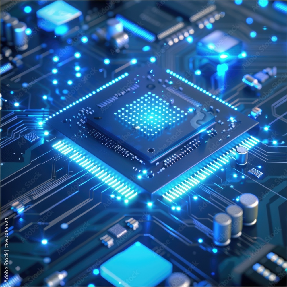 Poster a close-up view of a circuit board featuring blue lights