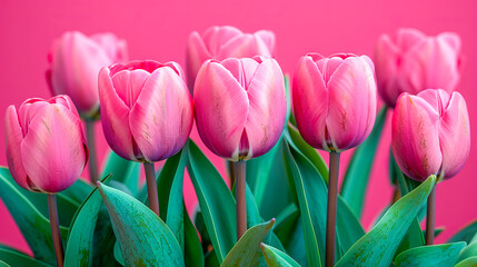 Obraz premium Bouquet of pink tulips blooming against a pink backdrop for mother's day