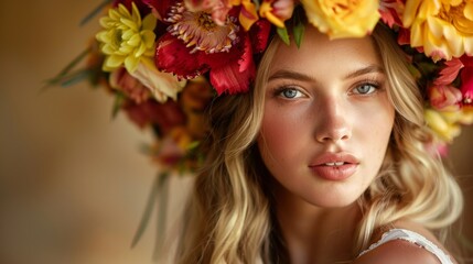 Naklejka premium Elegant Bride Wears Floral Wreath at Stylish Wedding