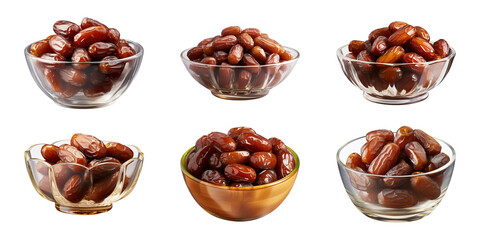 Collection bowl of dried date fruits isolated on a transparent background, cut out, PNG