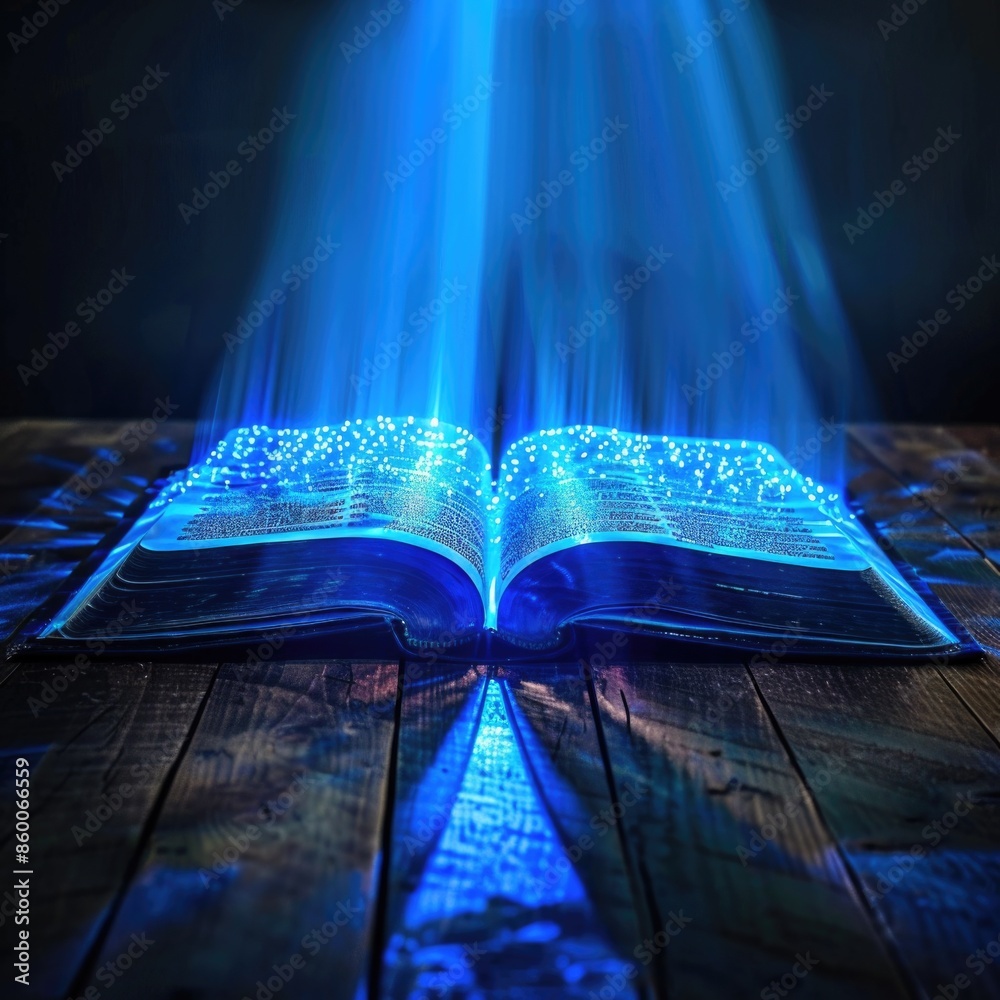 Aufkleber an open book sitting on a wooden table with blue light emanating from within