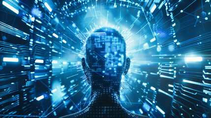 A futuristic composition with human and digital components. Artificial intelligence concept.