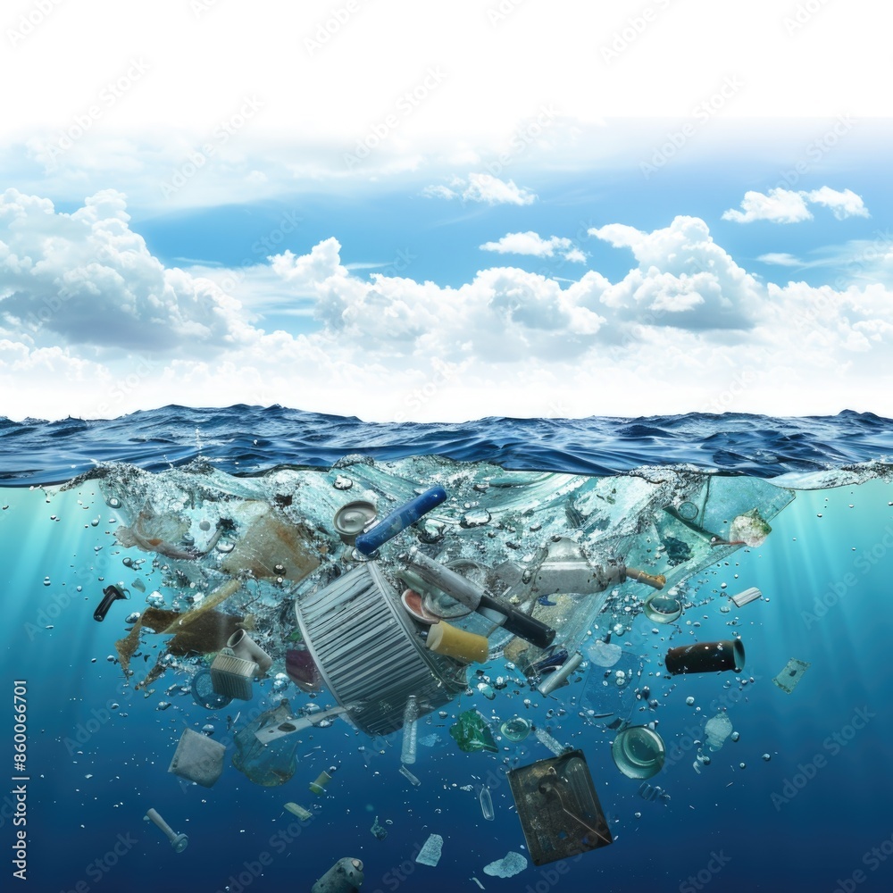 Poster a trash can is seen floating in the ocean amidst a sea of waste, highlighting the issue of marine po