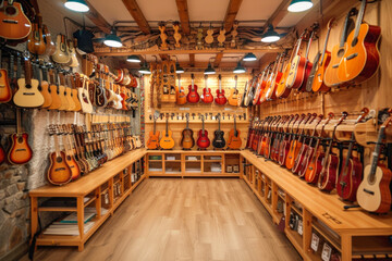 A room with many guitars on the wall, combining retail, art, and music in a wooden setting