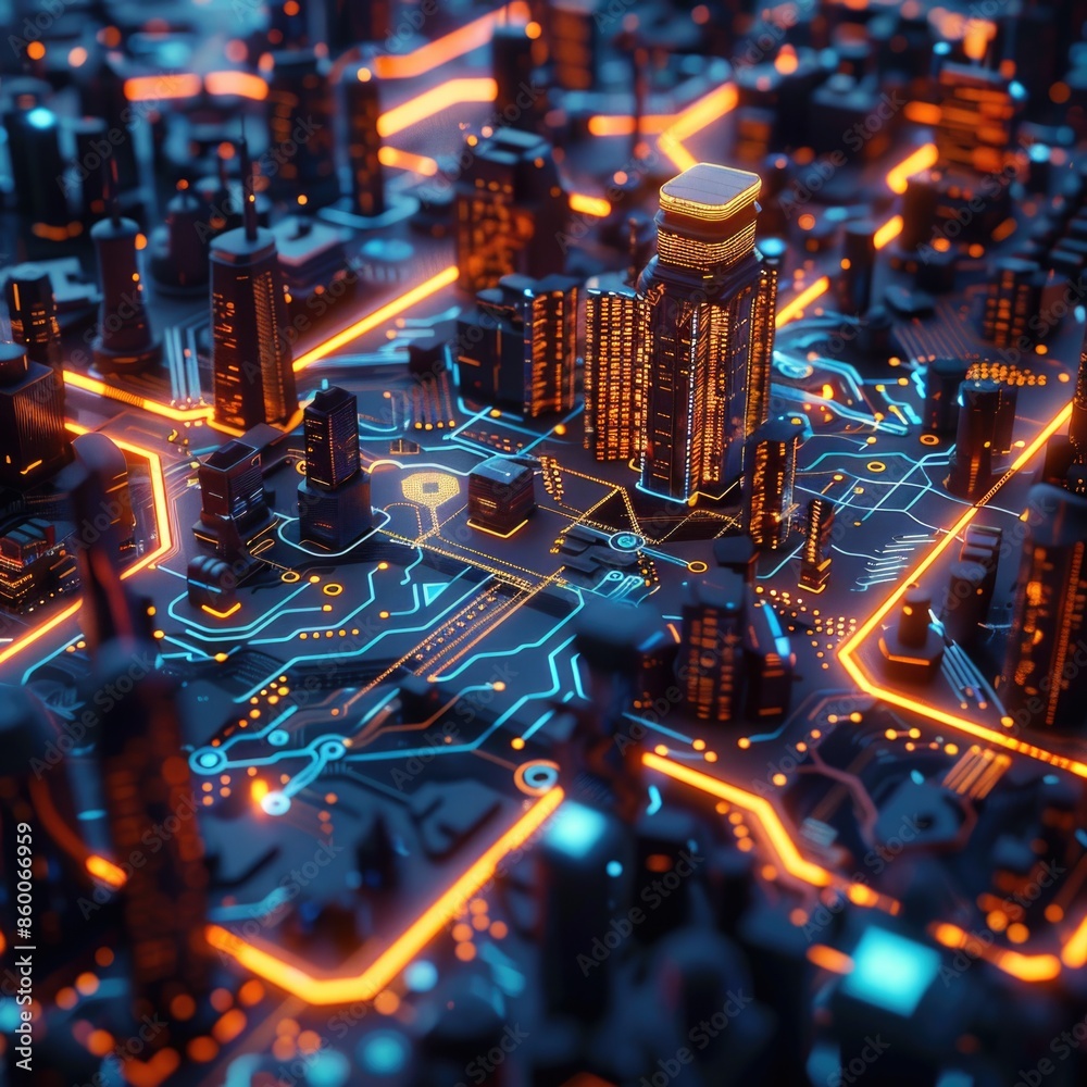 Leinwandbilder A close-up view of a circuit board with a cityscape visible in the background, suitable for use in tech-related or futuristic-themed designs
