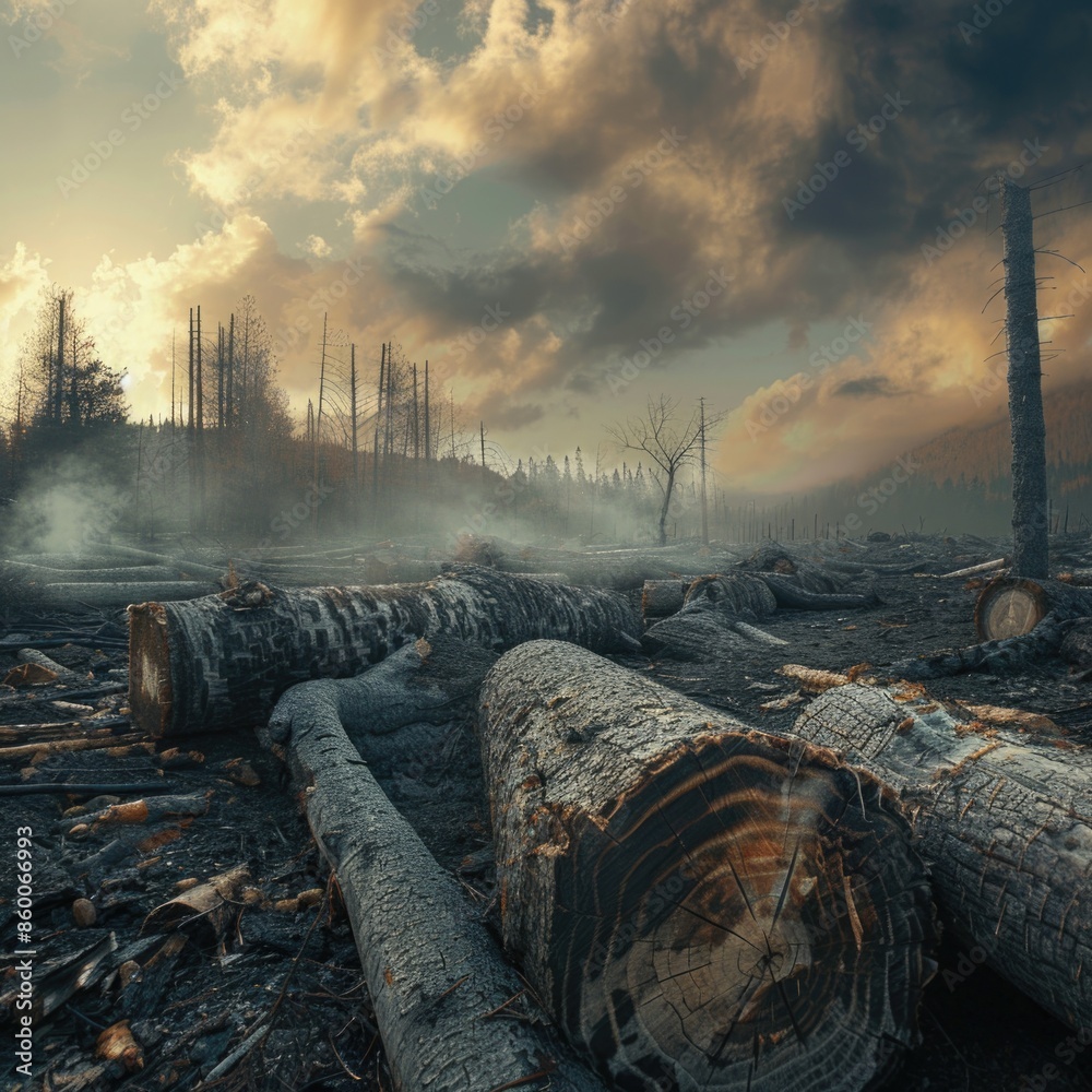Poster a pile of logs sits atop a forest floor, surrounded by trees and foliage