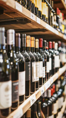 Various wine bottles on shelves in a wine store