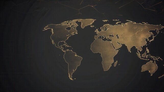 Minimalist world map with gold outline on black background. Perfect for travel agencies, global travel companies, and businesses evoking adventure. Generative AI - Powered by Adobe