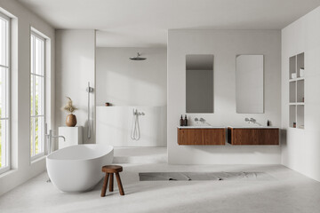 Modern minimalist bathroom with a freestanding tub, wooden cabinets, and a walk-in shower, neutral-toned interior, light background, concept of luxury and simplicity.  3D Rendering