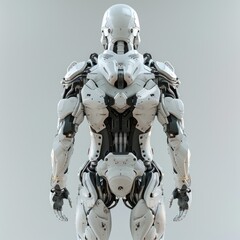 A robot standing in a white room with minimal decor and a blank background