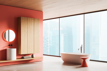 Colored hotel bathroom interior with sink and tub, panoramic window