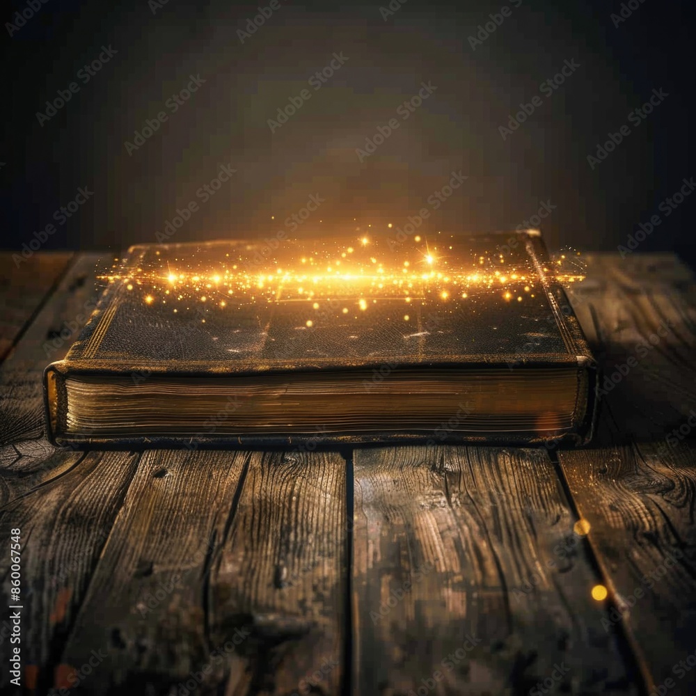 Poster an old book with a glowing light on top, useful for illustrations about knowledge, learning and read