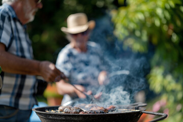 Elderly Couple Grilling Outdoors in Summer, Enjoying a Relaxing BBQ in the Backyard