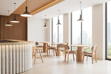 Modern cafe interior with wooden furniture and pendant lights, light design, city view from large windows, concept of contemporary dining space.  3D Rendering