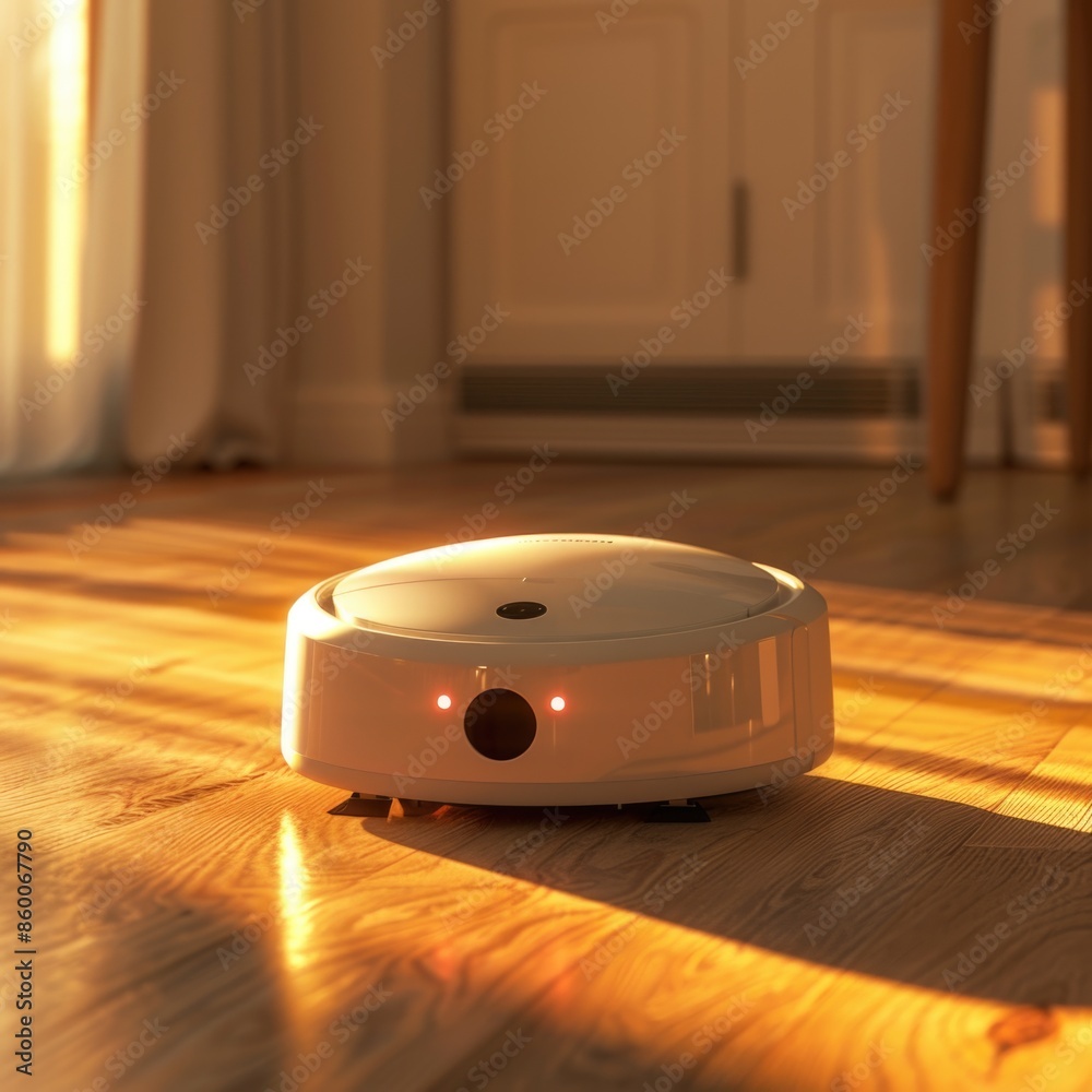 Poster a robot sitting on the floor in a room, providing a sense of calm and technology