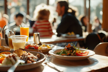 Casual Dining Scene in Sunlit Restaurant with Friends and Family Enjoying Fresh Food