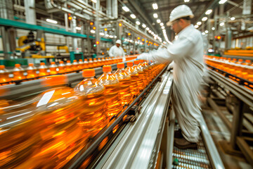 Factory worker supervising production line of bottled juice beverages