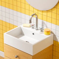 Yellow bathroom interior with sink and accessories, vanity and mirror