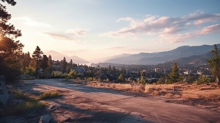 Desolate mountain road at sunset   vintage empty path in remote area, scenic view