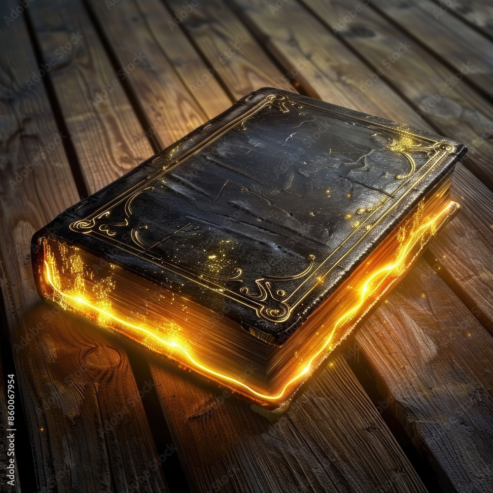 Poster A book lying open on a wooden table with glowing pages, perfect for use in illustrations about reading, learning or spirituality