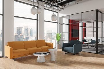 Office lounge zone interior with sofa and armchair, meeting room and window