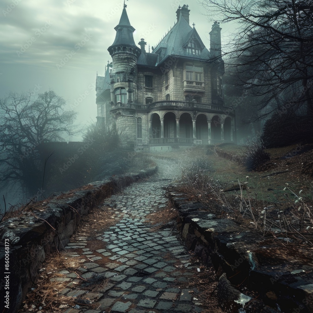 Poster a stone path leading to a medieval-style castle on a misty, foggy day